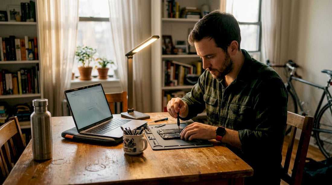 Man repairing smartphone at home workspace