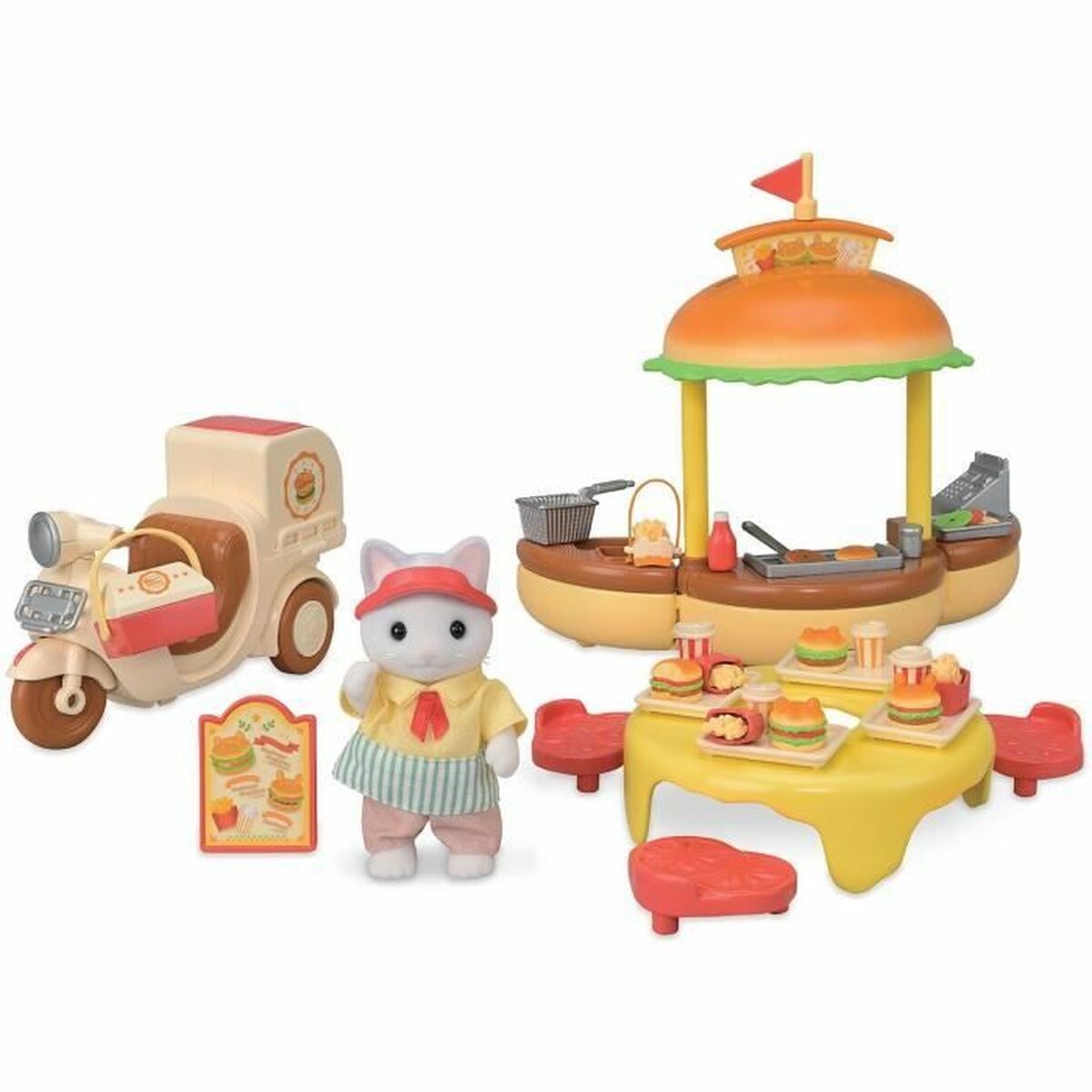 Sylvanian Families Dolls House Accessories Sylvanian Families Puesto De Hamburguesas - Papa Latte Cat Y Scooter 30 Pieces