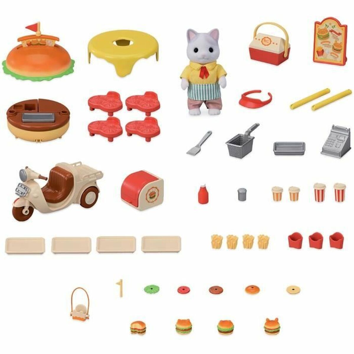 Sylvanian Families Dolls House Accessories Sylvanian Families Puesto De Hamburguesas - Papa Latte Cat Y Scooter 30 Pieces