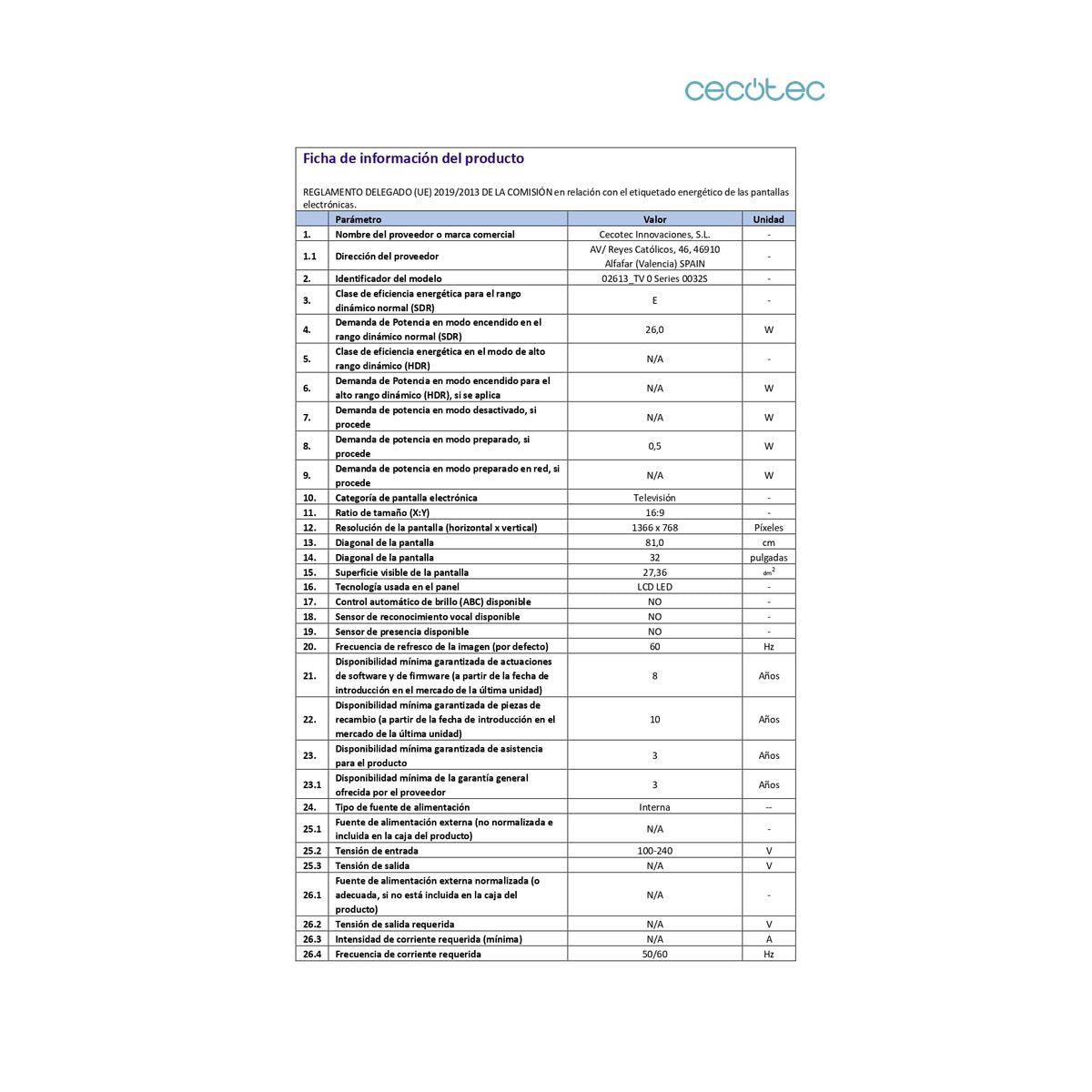 Cecotec Smart Tv 32" Hd Led 0 Series 0032S Flat Screen Dvb-T2 Hdmi Usb Black