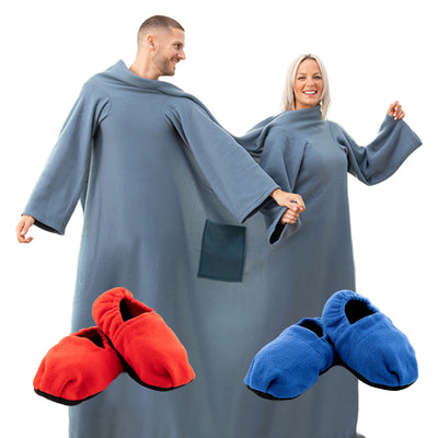 Pack Microwavable Heated Slippers and Double Sleeved Blanket with Central Pocket InnovaGoods